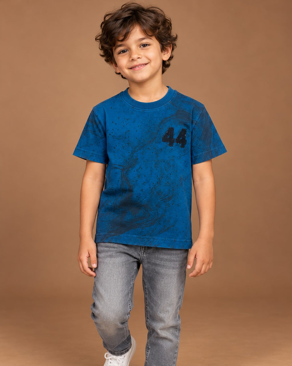 Blue Kids’ 44 Washed Graphic T-Shirt, child model front three-quarter view. T-shirt only.