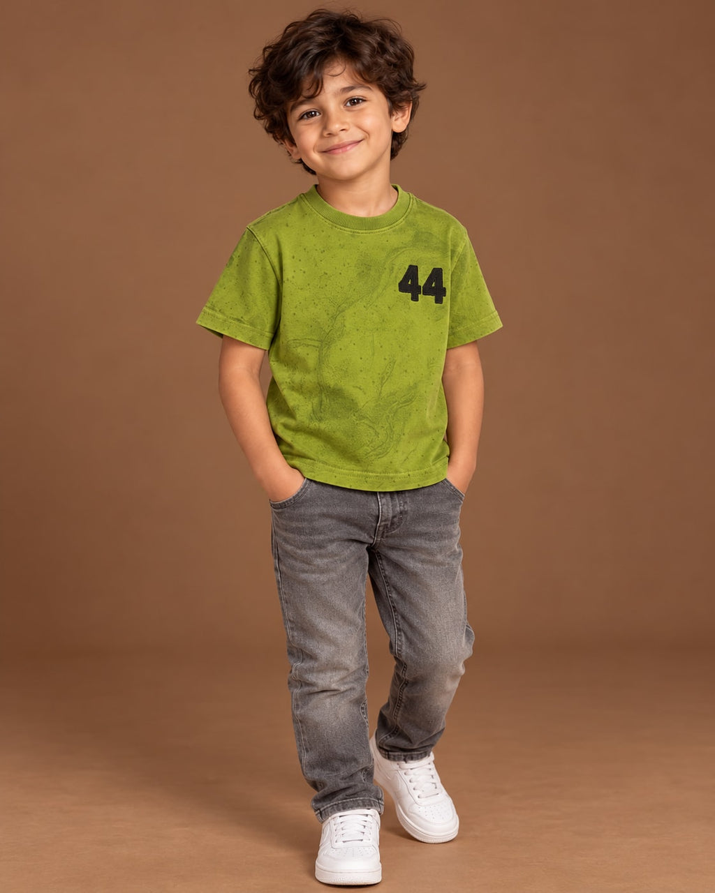 Lime Kids’ 44 Washed Graphic T-Shirt, child model front three-quarter view. T-shirt only.