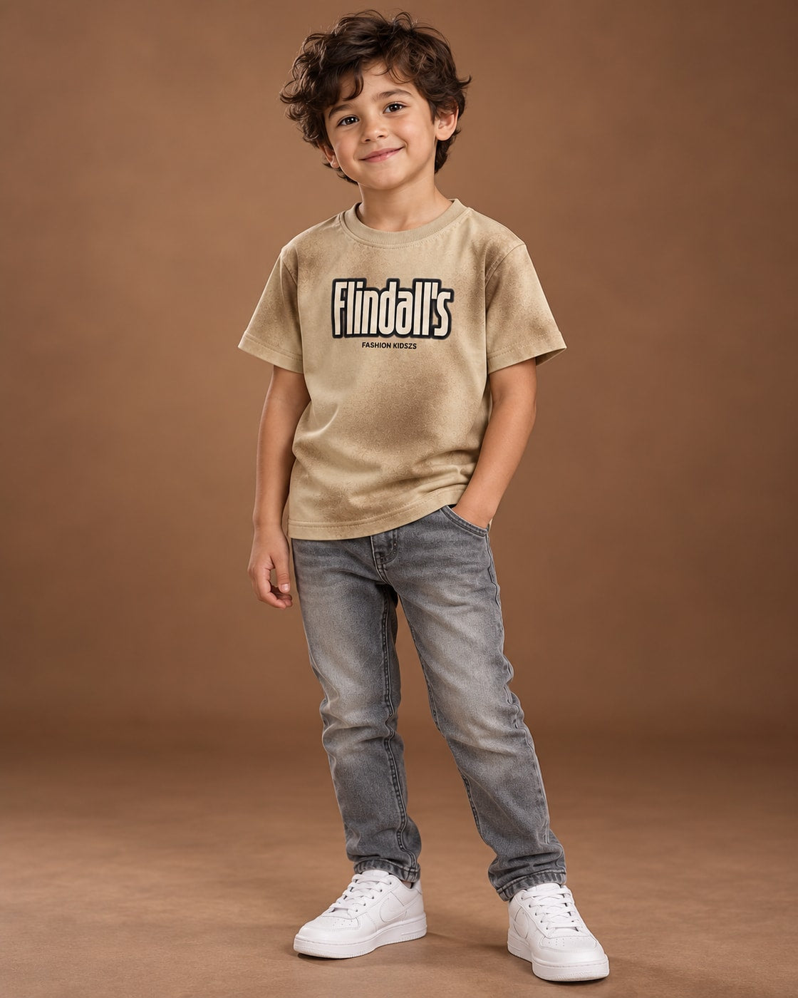 Beige Kids’ Flindall’s Star Graphic T-Shirt, child model front three-quarter view. T-shirt only.