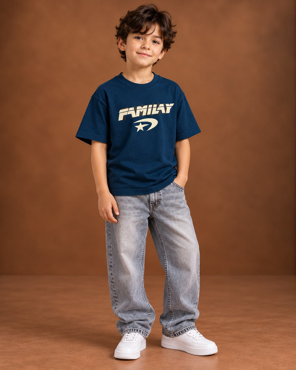 Navy Kids’ Fmilay Studio Graphic T-Shirt, child model front three-quarter view. T-shirt only.