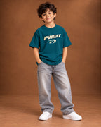 Teal Kids’ Fmilay Studio Graphic T-Shirt, child model front three-quarter view. T-shirt only.