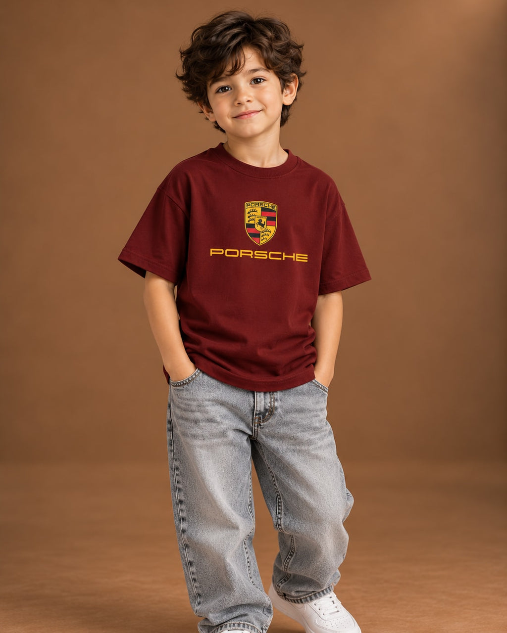 Burgundy Kids’ Motorsport Studio Graphic T-Shirt, child model front three-quarter view. T-shirt only.