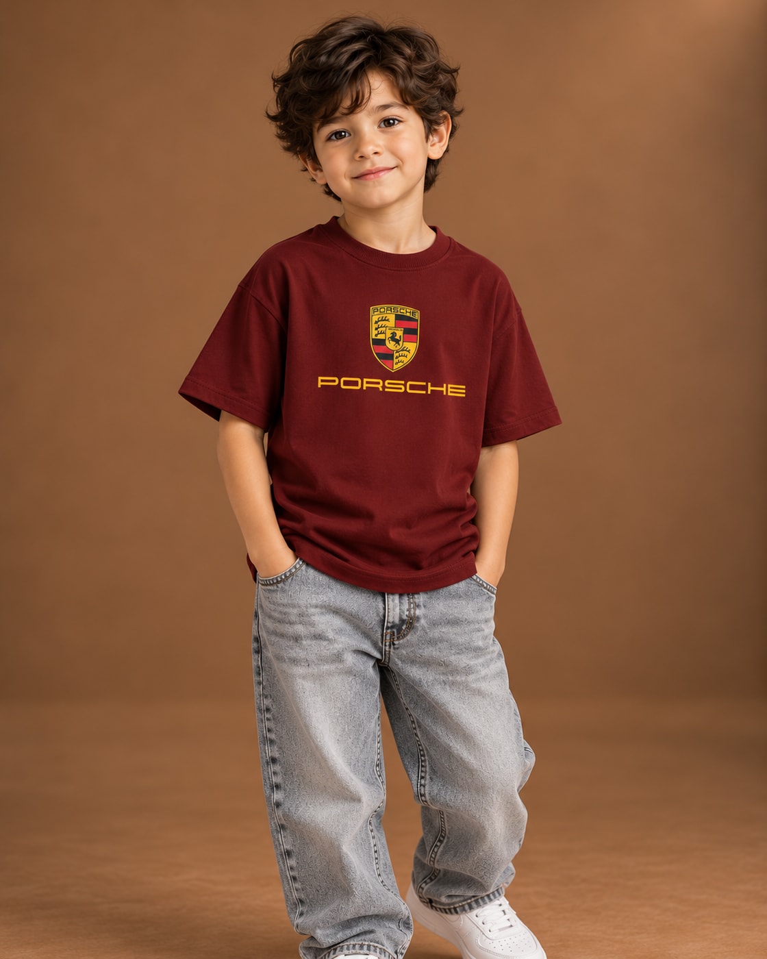Burgundy Kids’ Motorsport Studio Graphic T-Shirt, child model front three-quarter view. T-shirt only.