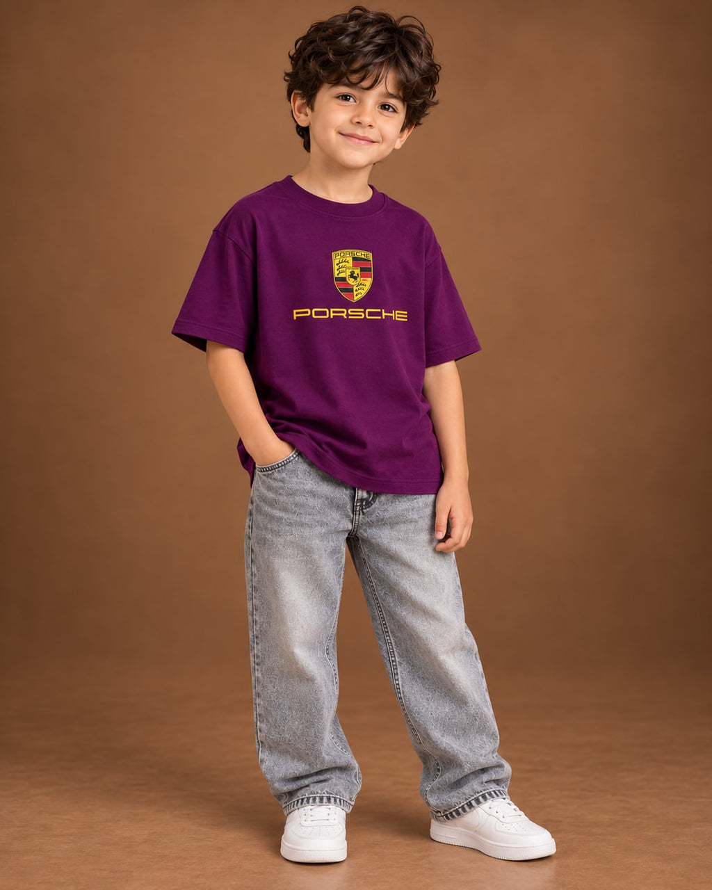 Purple Kids’ Motorsport Studio Graphic T-Shirt, child model front three-quarter view. T-shirt only.