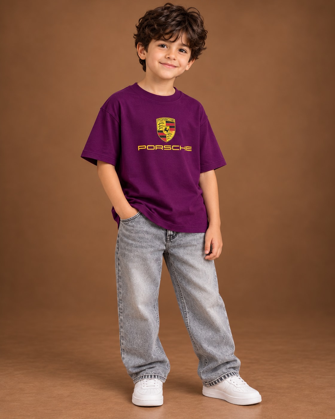 Purple Kids’ Motorsport Studio Graphic T-Shirt, child model front three-quarter view. T-shirt only.