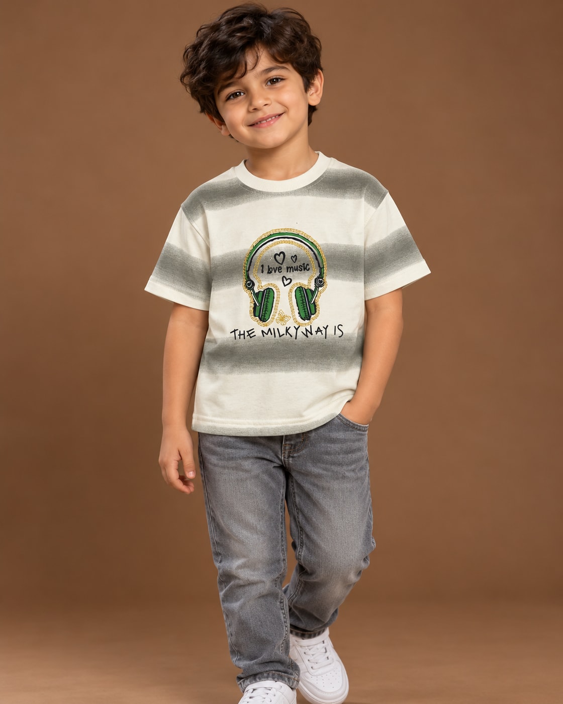 Cream / Grey Kids’ Music Stripe Graphic T-Shirt, child model front three-quarter view. T-shirt only.