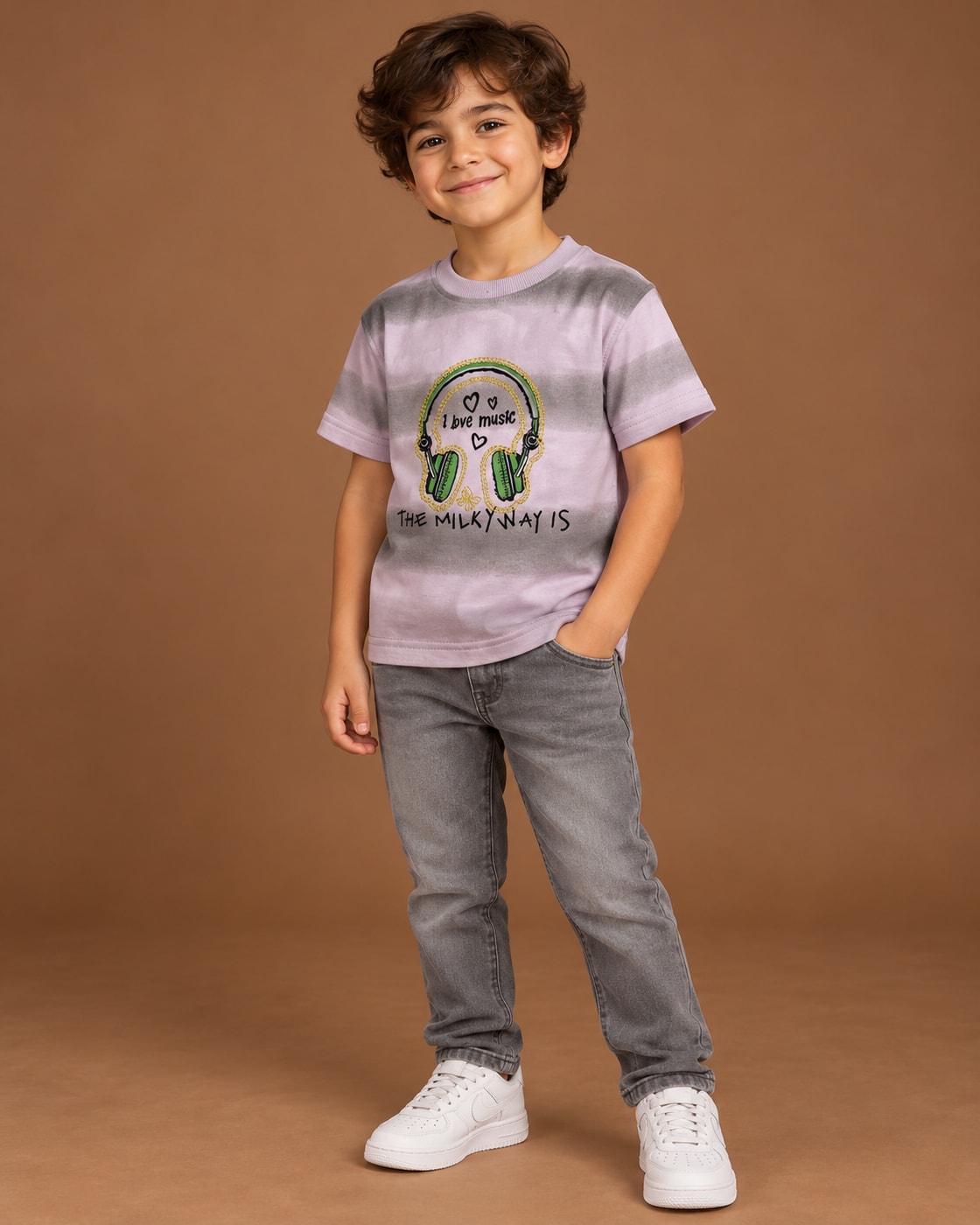 Lilac / Grey Kids’ Music Stripe Graphic T-Shirt, child model front three-quarter view. T-shirt only.