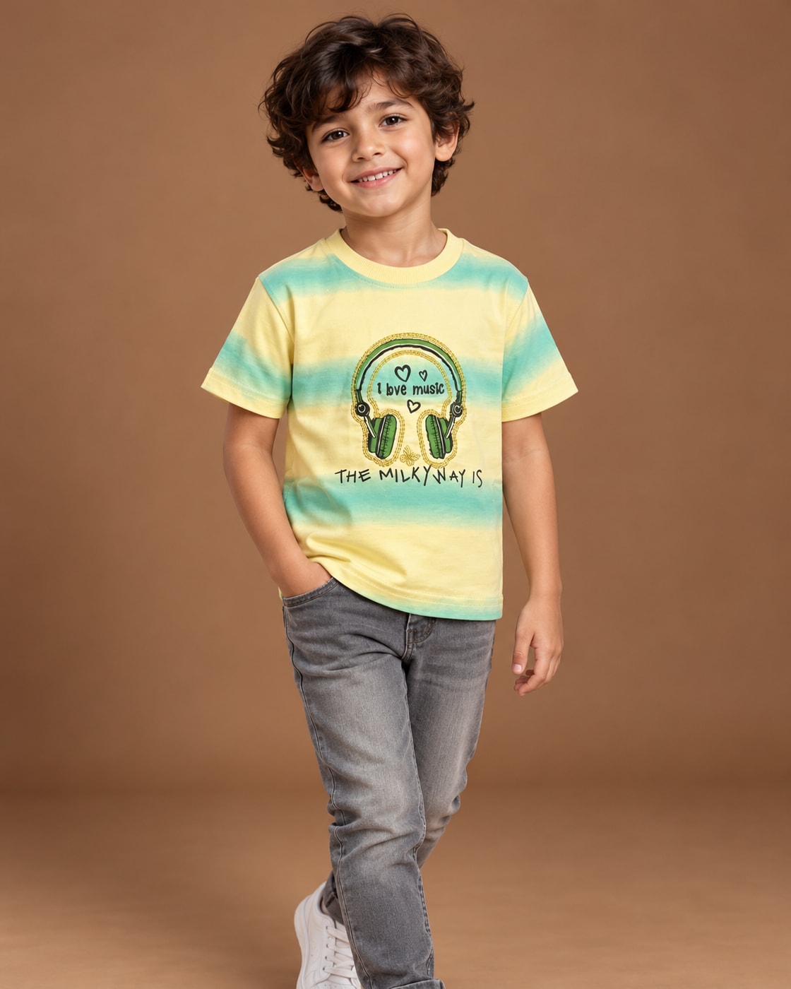 Yellow / Mint Kids’ Music Stripe Graphic T-Shirt, child model front three-quarter view. T-shirt only.