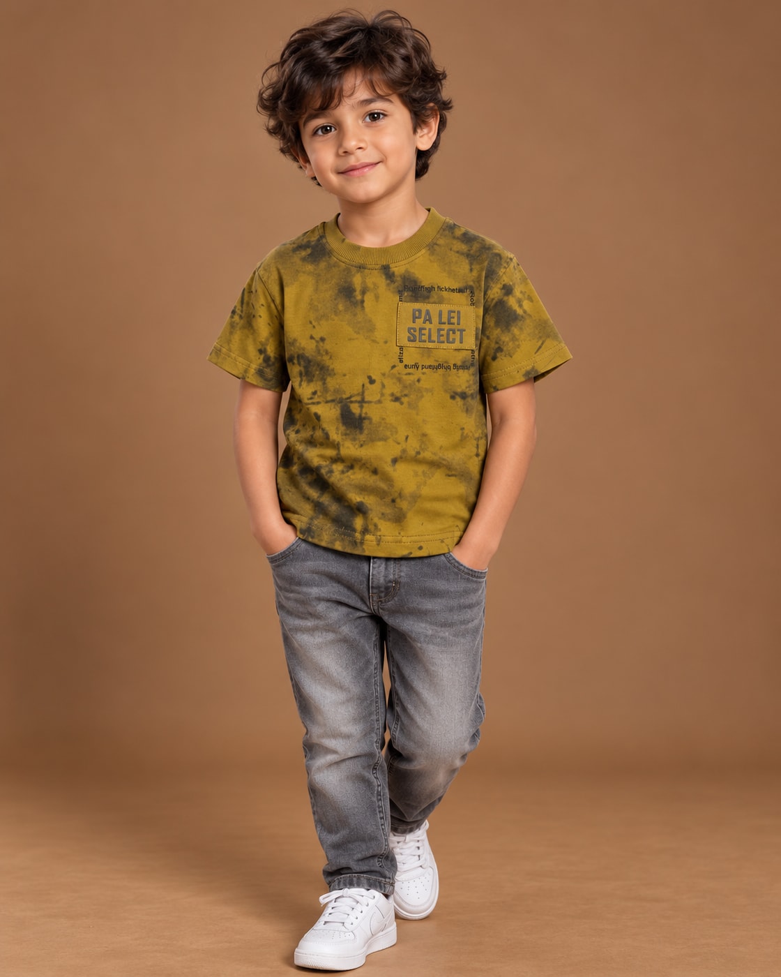 Mustard Kids’ PA LEI Select Washed T-Shirt, child model front three-quarter view. T-shirt only.