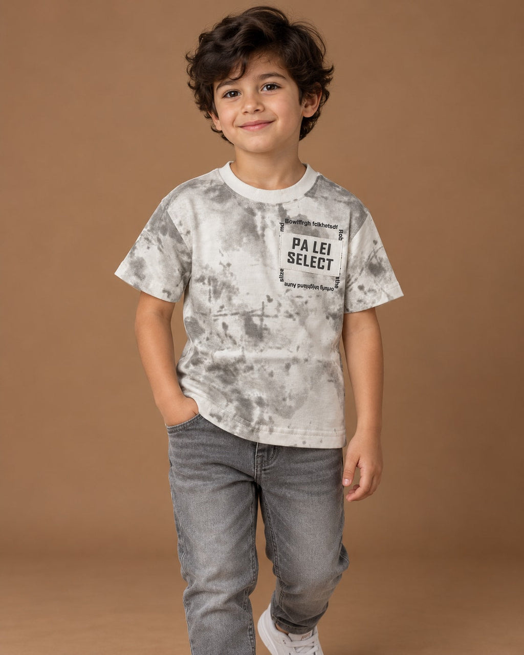 White / Grey Kids’ PA LEI Select Washed T-Shirt, child model front three-quarter view. T-shirt only.