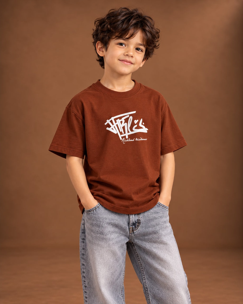Brown Kids’ Richley Graffiti T-Shirt, child model front three-quarter view. T-shirt only.