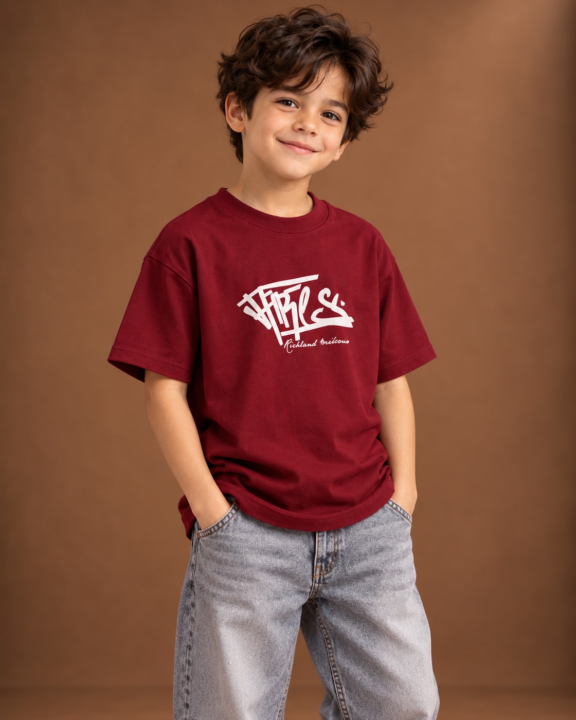 Burgundy Kids’ Richley Graffiti T-Shirt, child model front three-quarter view. T-shirt only.