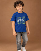 Blue Kids’ Studios Graphic T-Shirt, child model front three-quarter view. T-shirt only.