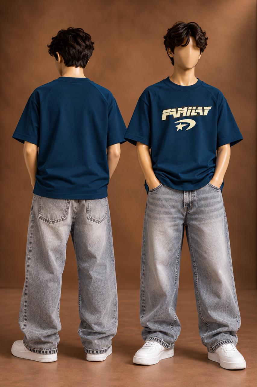 Navy kids’ fmilay graphic t-shirt, front and back views. T-shirt only.