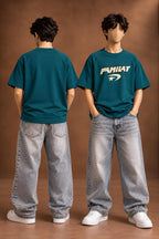 Teal kids’ fmilay graphic t-shirt, front and back views. T-shirt only.