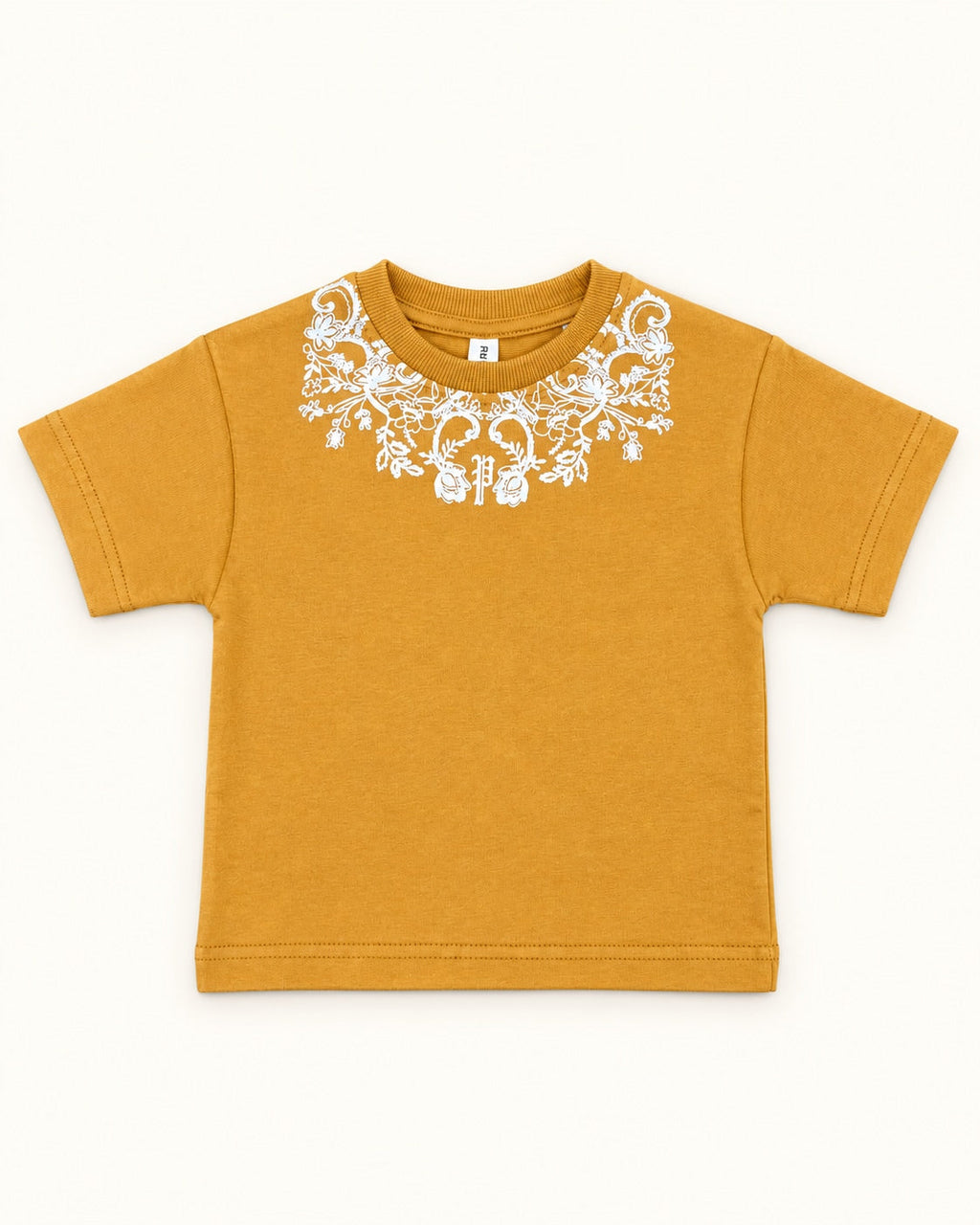 Front view of mustard kids’ ornamental print t-shirt.