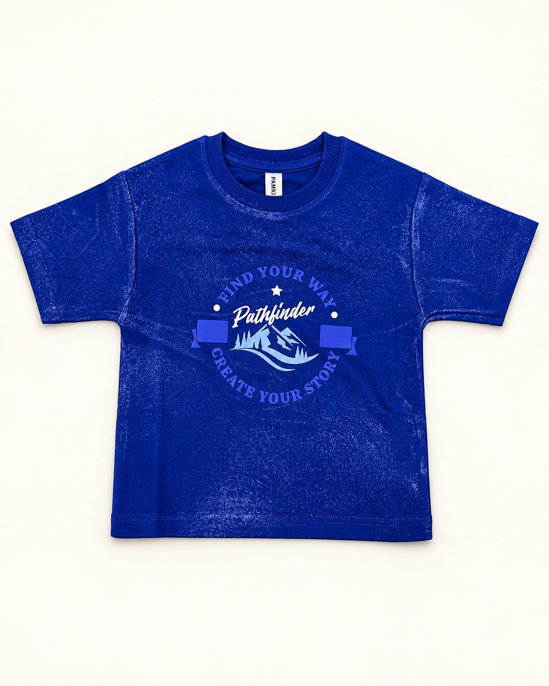 Front view of blue kids’ pathfinder graphic t-shirt.