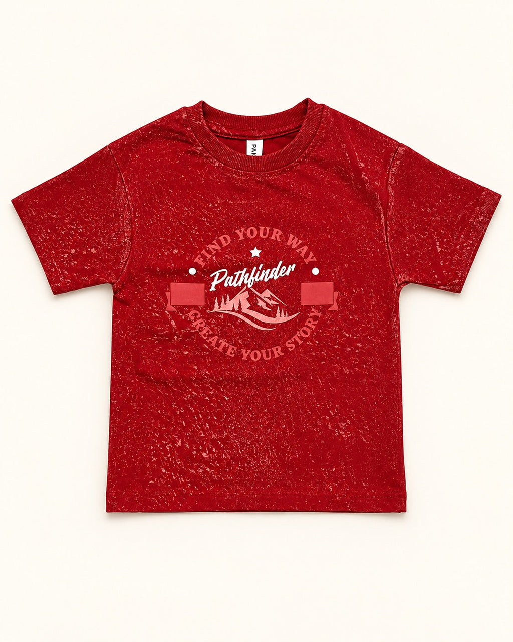 Front view of red kids’ pathfinder graphic t-shirt.