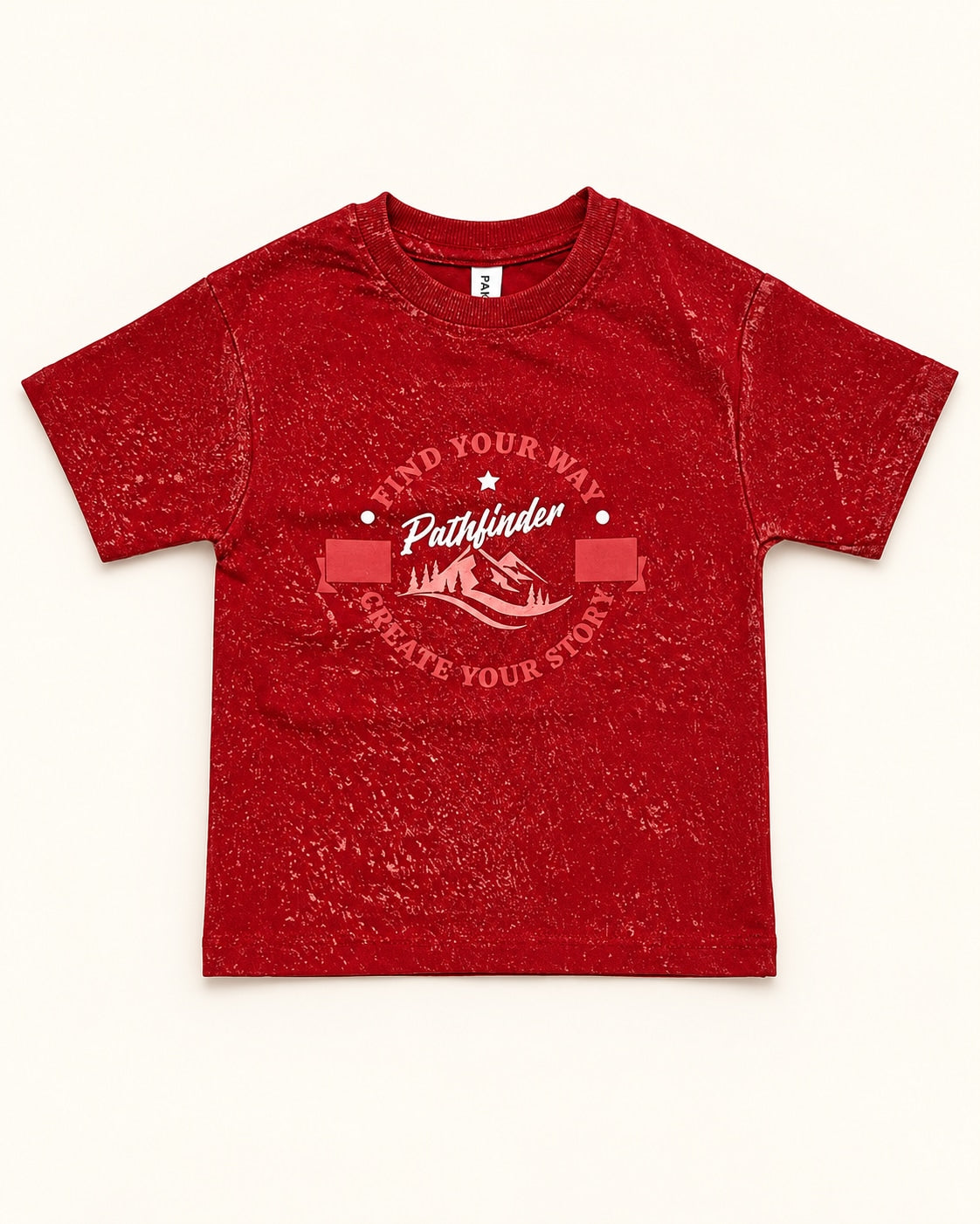 Front view of red kids’ pathfinder graphic t-shirt.