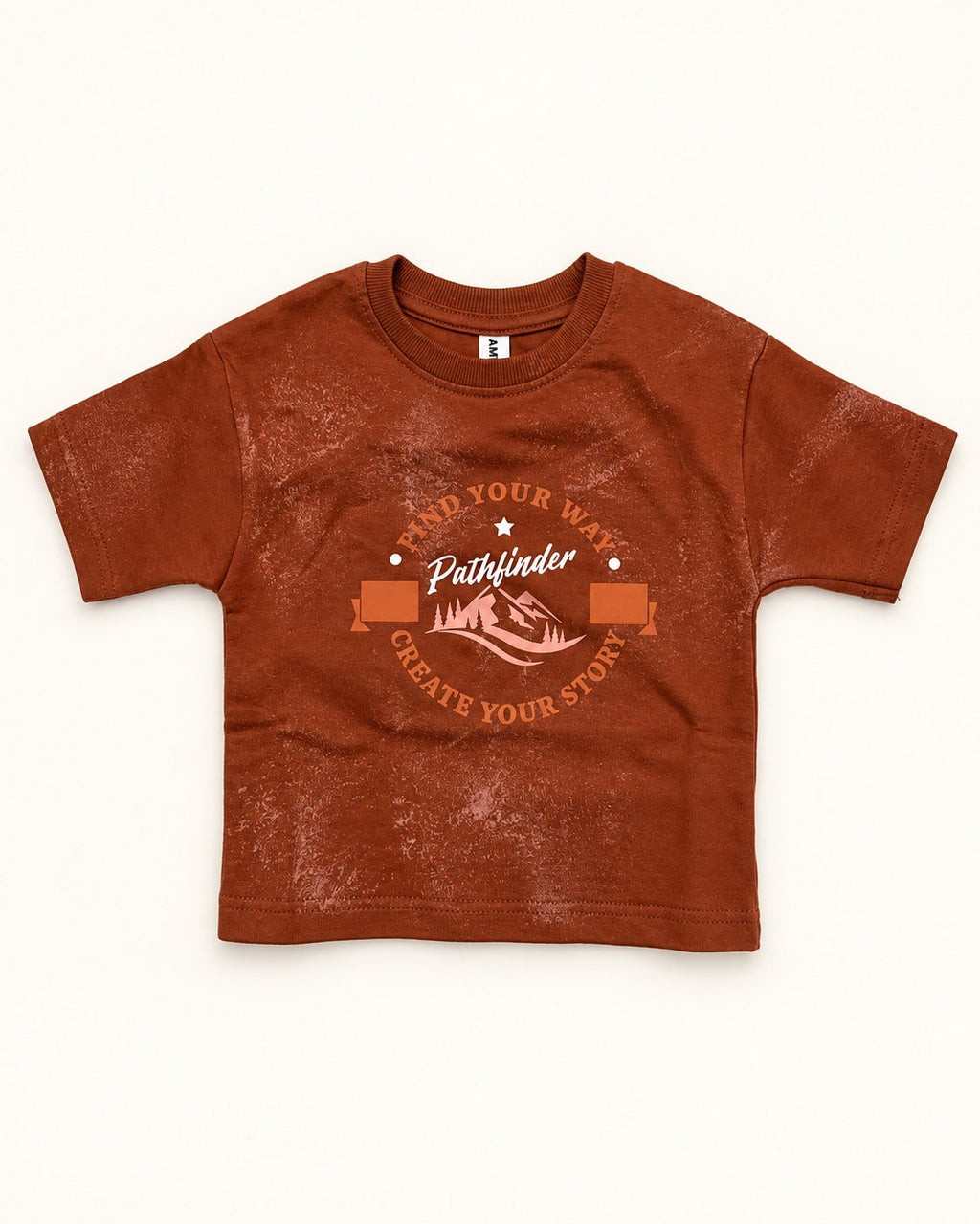Front view of rust kids’ pathfinder graphic t-shirt.