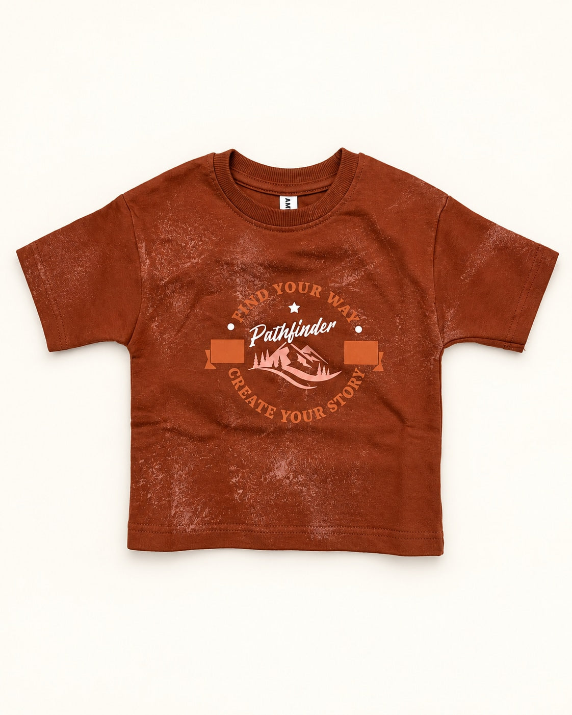 Front view of rust kids’ pathfinder graphic t-shirt.