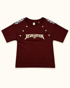 Front view of burgundy kids’ revaluation graphic t-shirt.