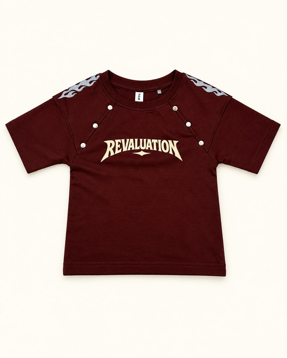 Front view of burgundy kids’ revaluation graphic t-shirt.