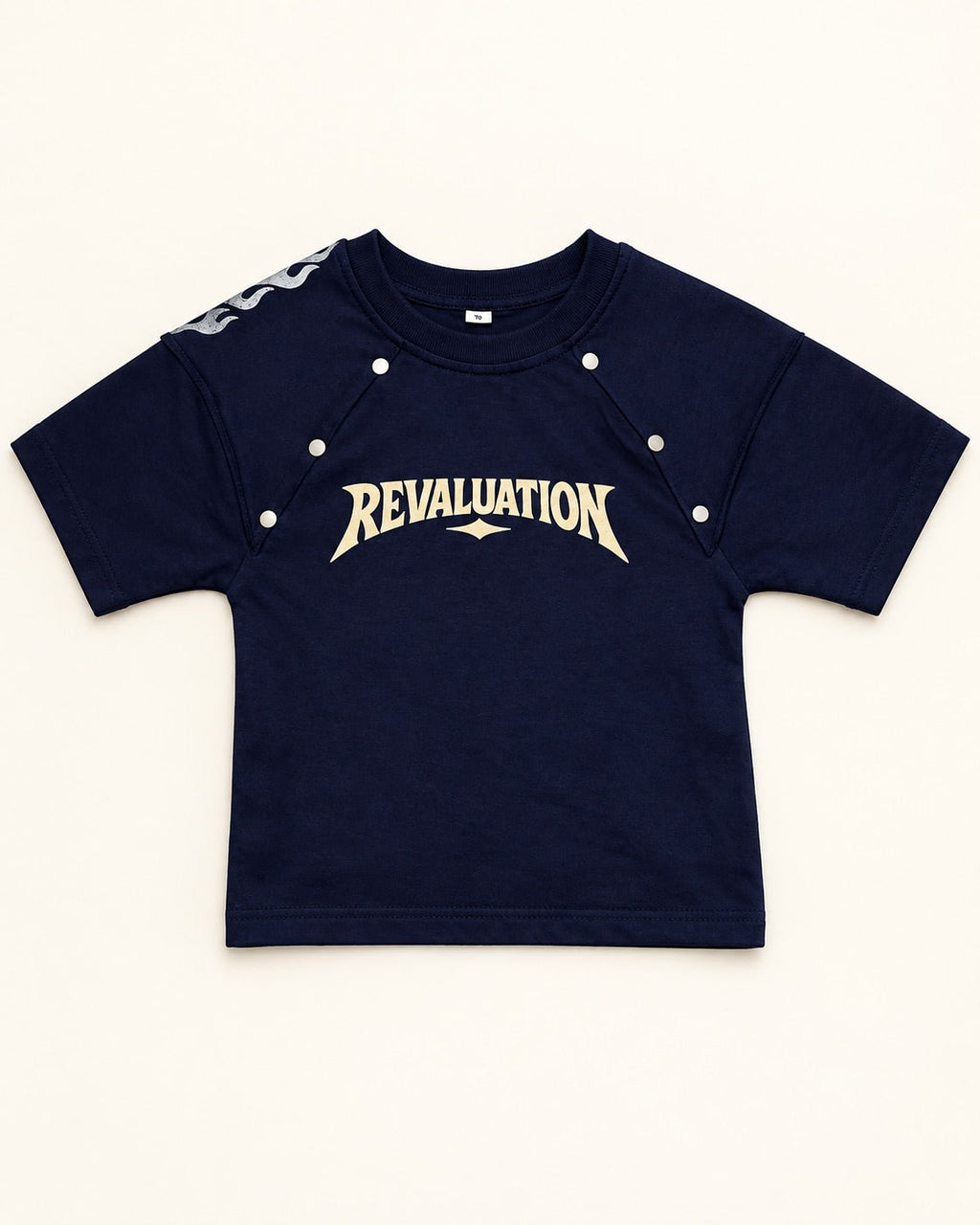 Front view of navy kids’ revaluation graphic t-shirt.