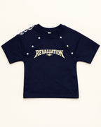 Front view of navy kids’ revaluation graphic t-shirt.