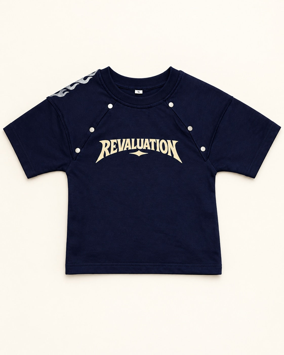 Front view of navy kids’ revaluation graphic t-shirt.