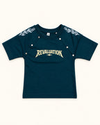 Front view of teal kids’ revaluation graphic t-shirt.