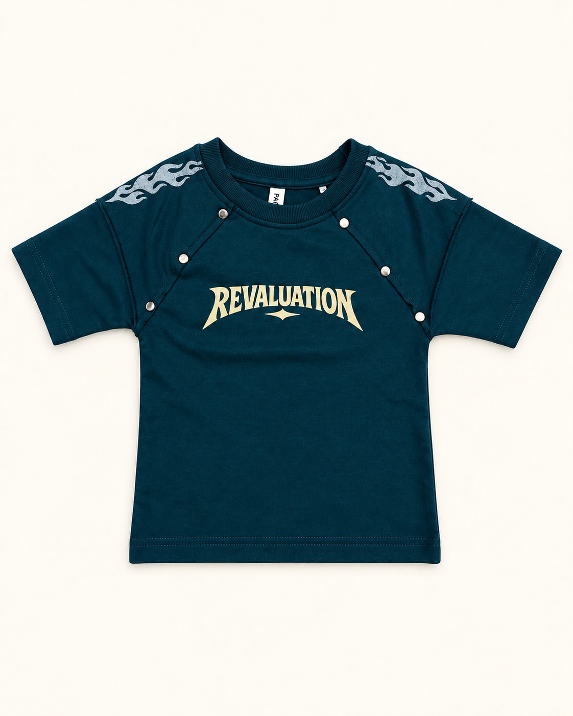 Front view of teal kids’ revaluation graphic t-shirt.