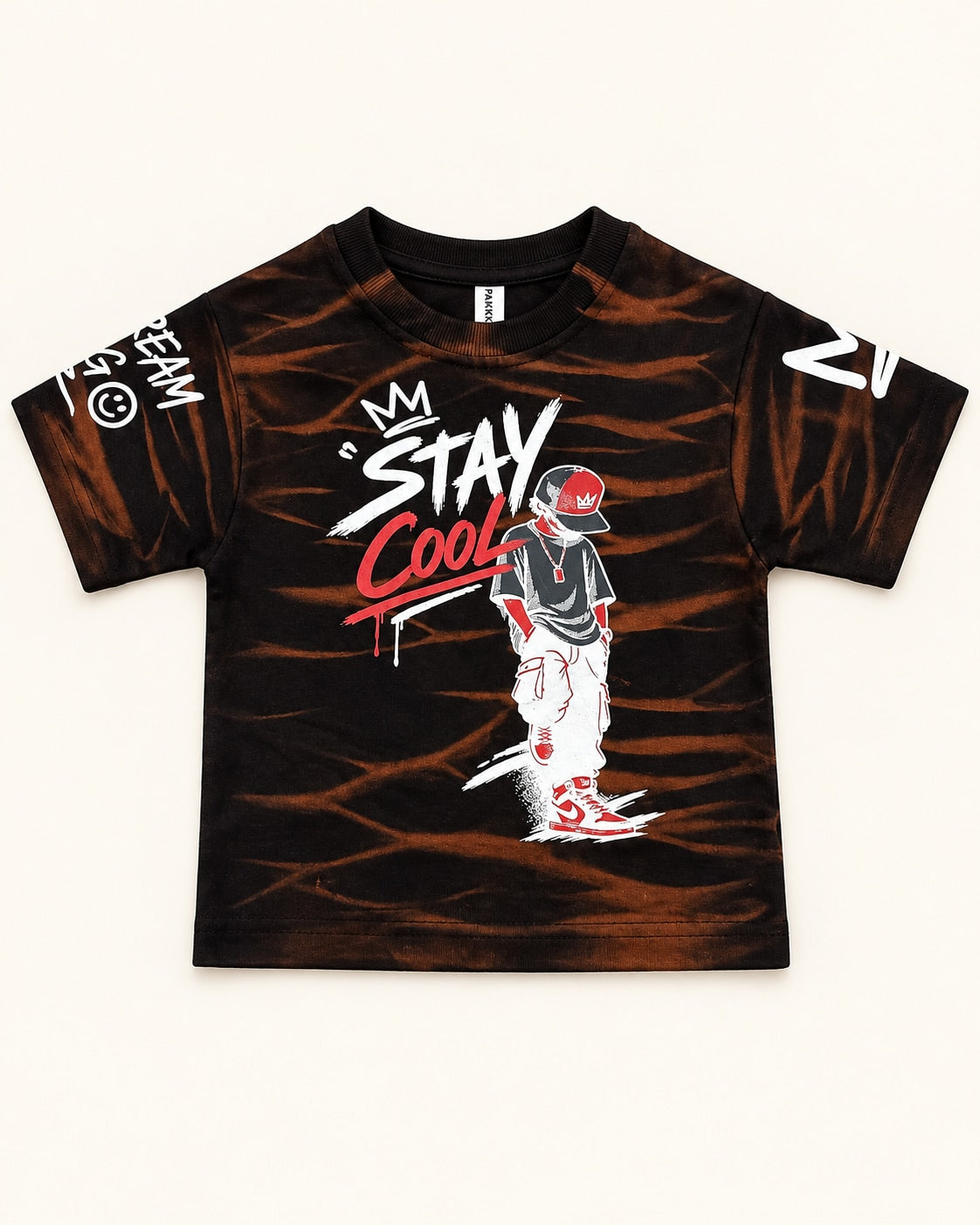 Front view of black / brown kids’ stay cool graphic t-shirt.