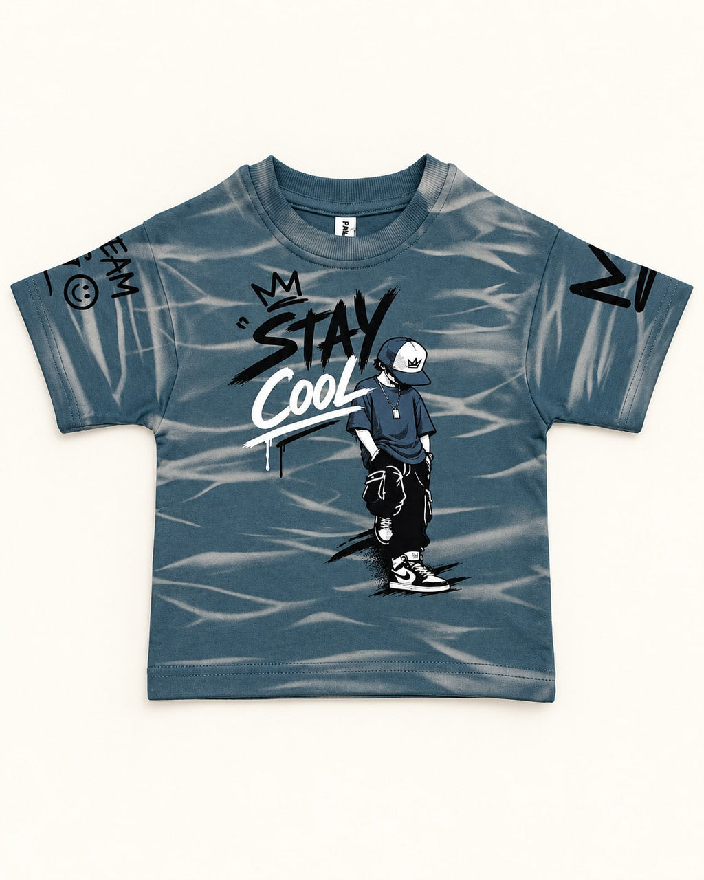 Front view of blue grey kids’ stay cool graphic t-shirt.