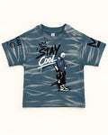Front view of blue grey kids’ stay cool graphic t-shirt.