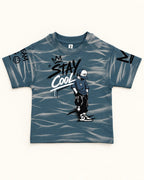 Front view of blue grey kids’ stay cool graphic t-shirt.