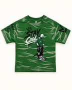 Front view of green kids’ stay cool graphic t-shirt.