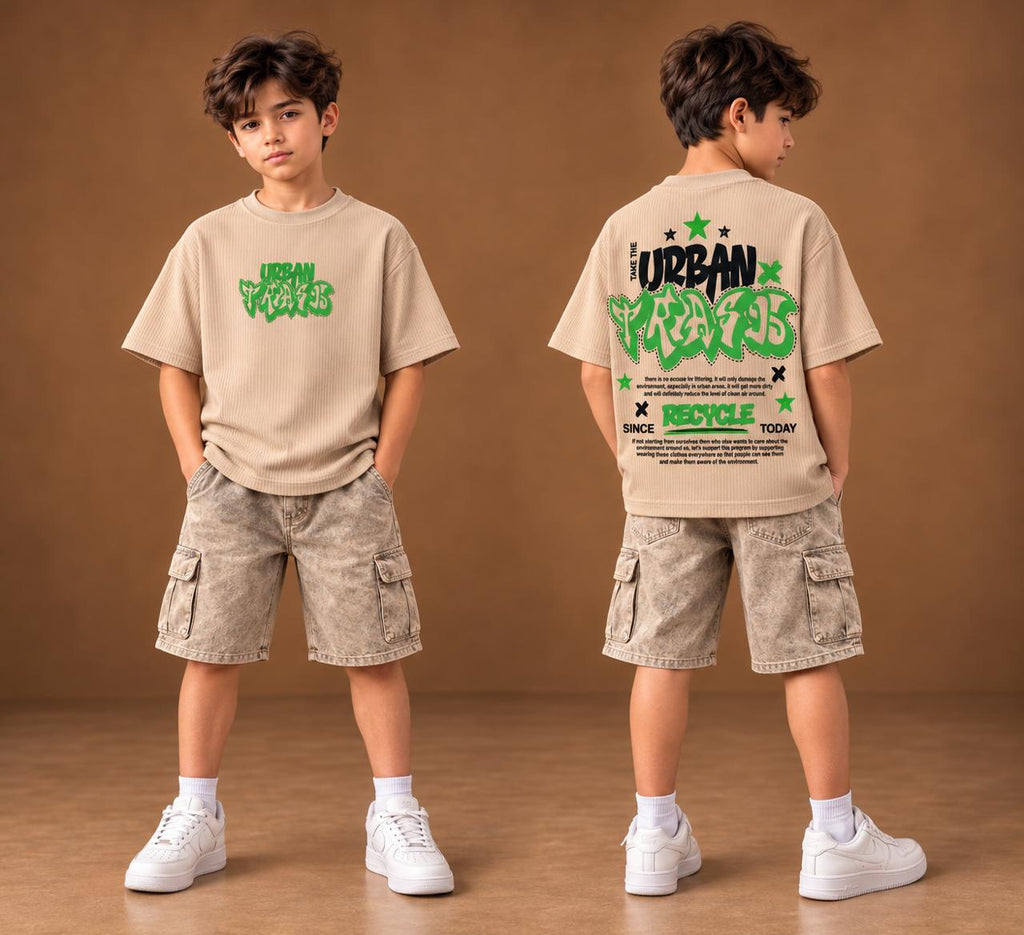 Beige kids’ urban graphic t-shirt, front and back views. T-shirt only.