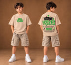Beige kids’ urban graphic t-shirt, front and back views. T-shirt only.