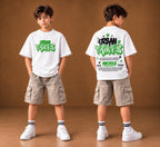 White kids’ urban graphic t-shirt, front and back views. T-shirt only.