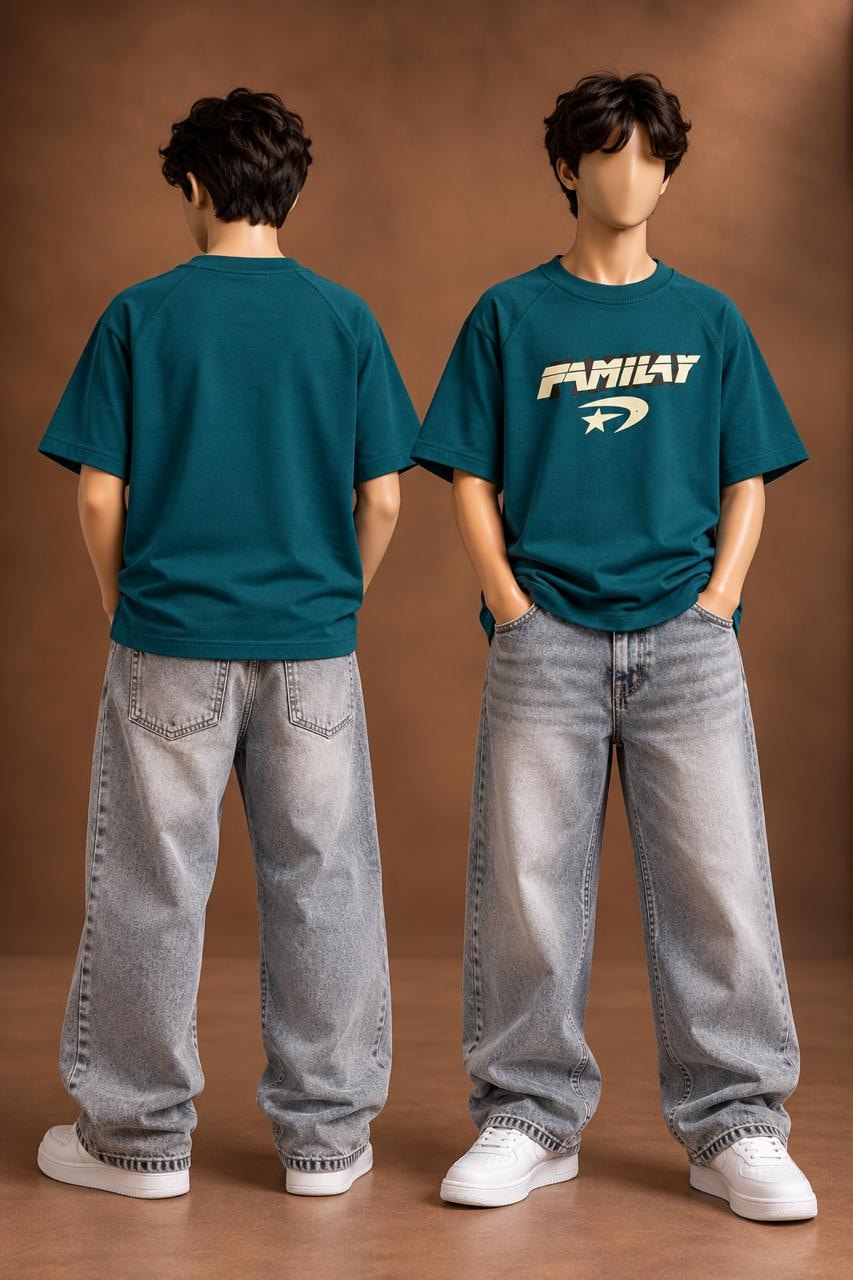Teal Kids’ Fmilay Studio Graphic T-Shirt, supplied product reference. T-shirt only.