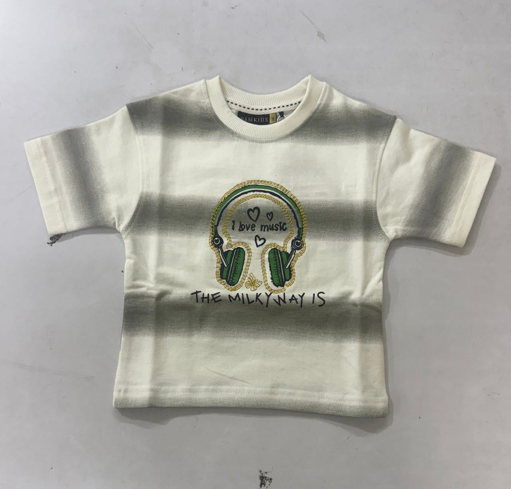 Cream / Grey Kids’ Music Stripe Graphic T-Shirt, supplied product reference. T-shirt only.