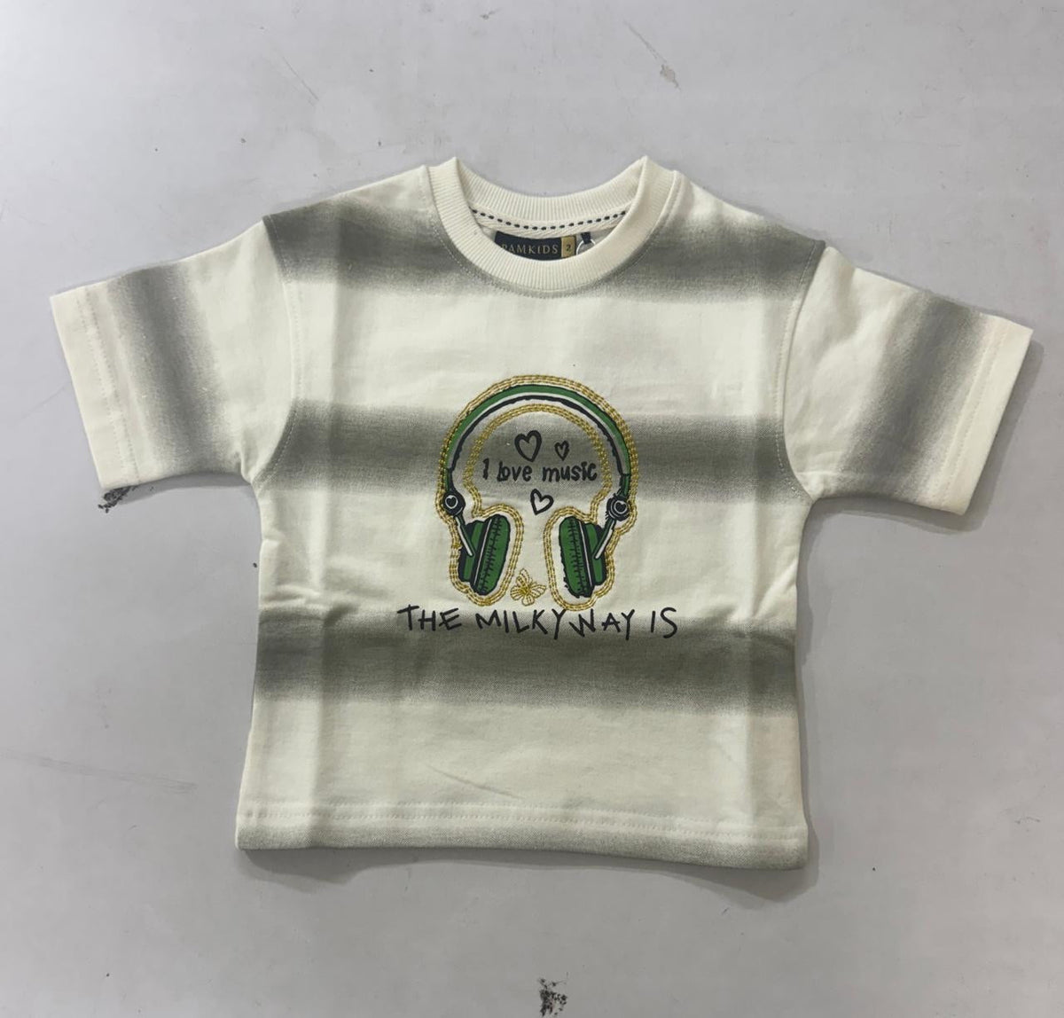 Cream / Grey Kids’ Music Stripe Graphic T-Shirt, supplied product reference. T-shirt only.