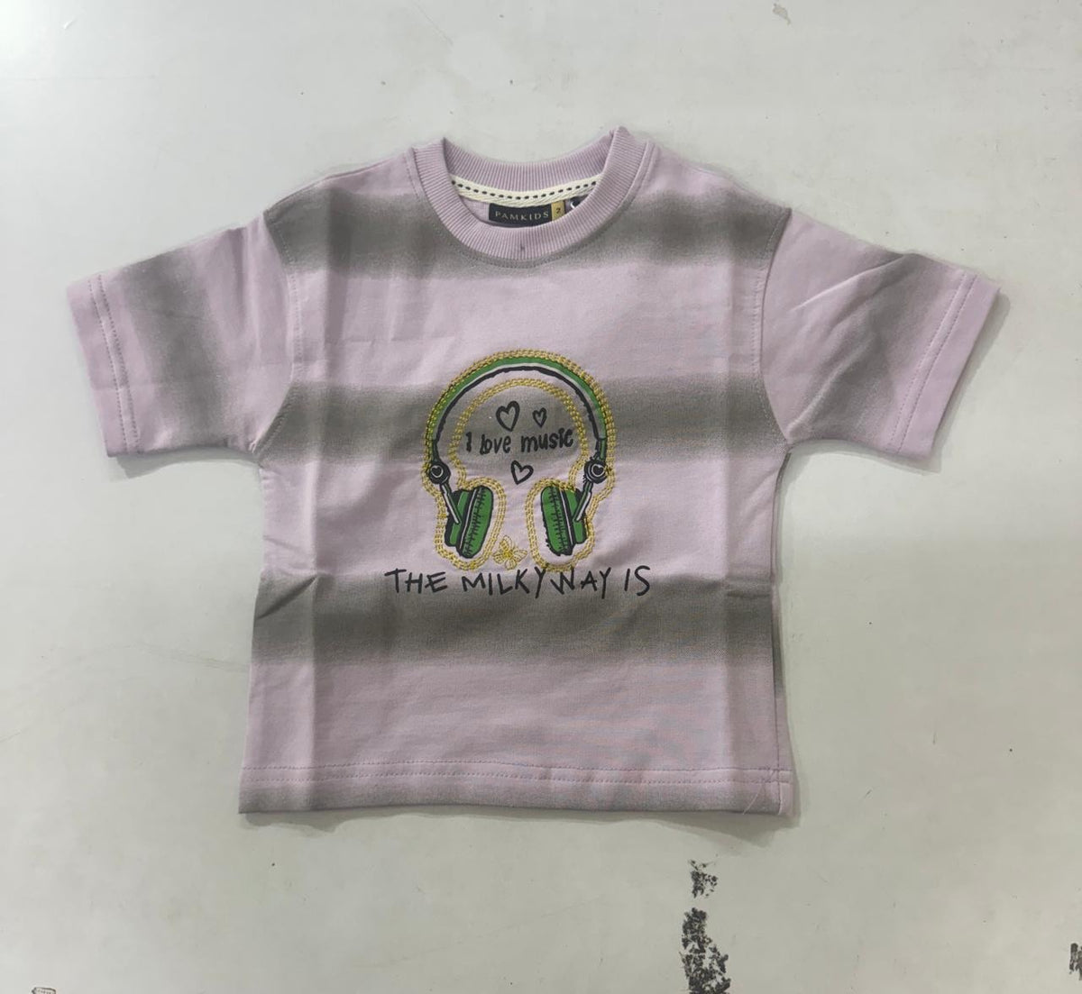 Lilac / Grey Kids’ Music Stripe Graphic T-Shirt, supplied product reference. T-shirt only.